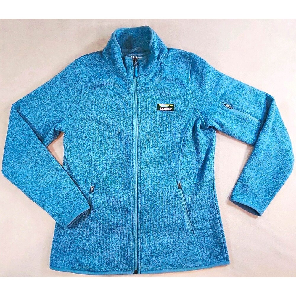LL Bean Womens Small Blue Heather Full Zip Fleece Jacket Sweater Pocket